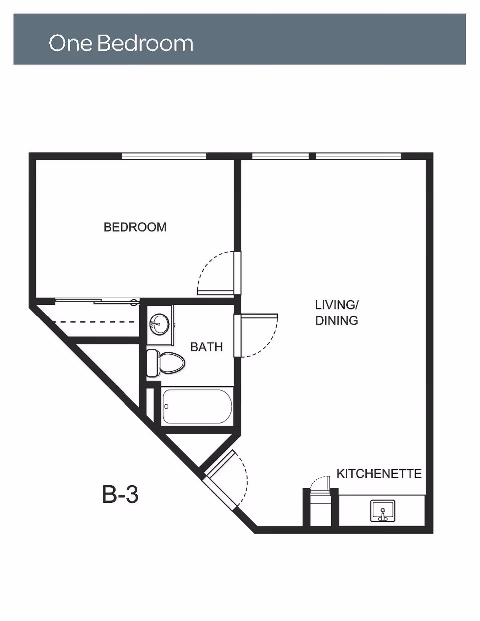Floor plan of a one-bedroom apartment labeled B-3, showing a bedroom, bathroom, living/dining area, and kitchenette.