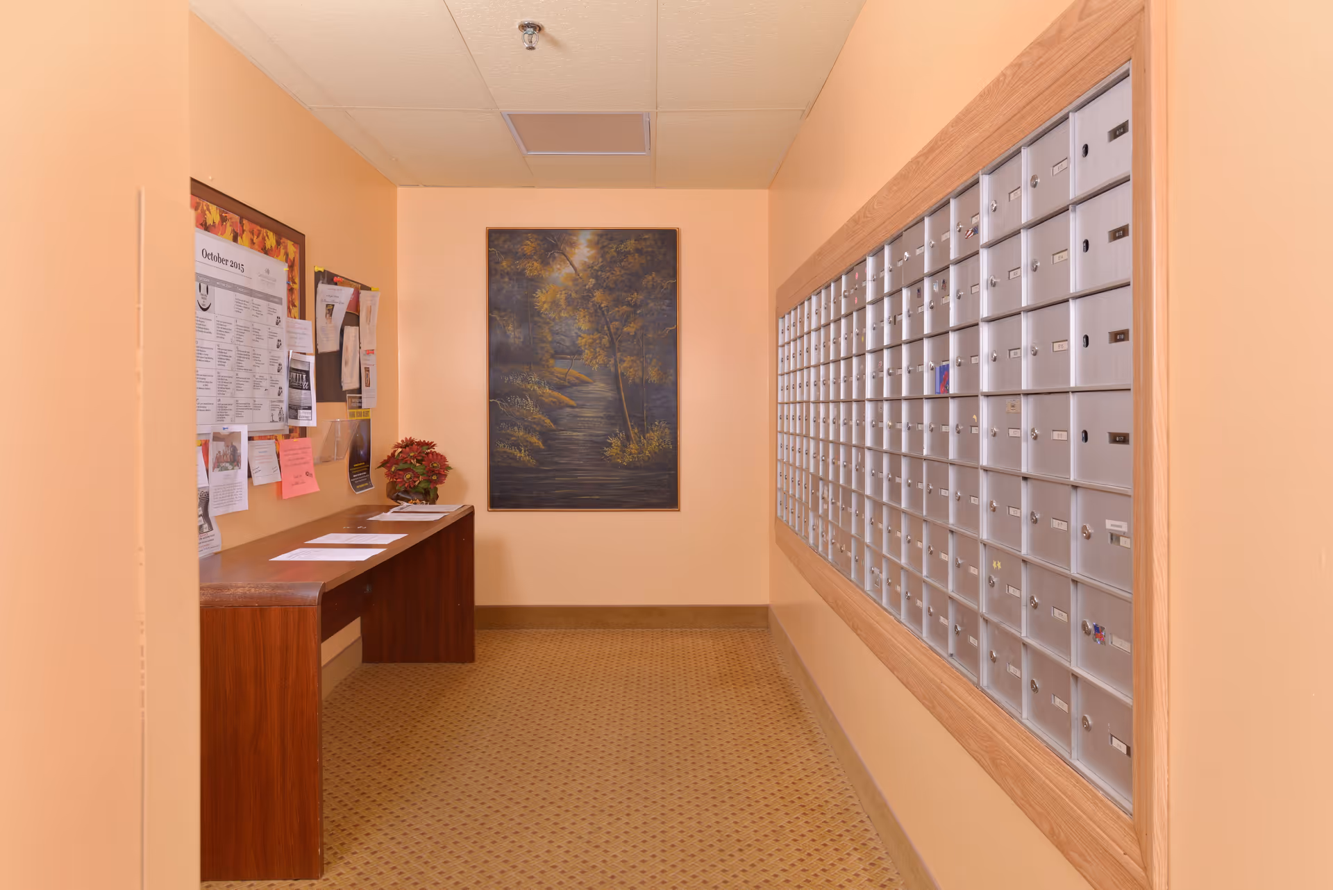 Interior hallway with a wall of mailboxes on the right and a bulletin board with notices on the left above a wooden table. A framed painting of a forest scene hangs on the far wall. The walls are painted a light peach color and the floor is carpeted.