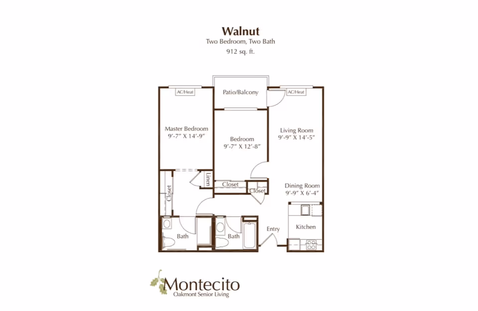 Floor plan of the Walnut apartment at Oakmont of Montecito, showing a two-bedroom, two-bath layout with a master bedroom, second bedroom, living room, dining room, kitchen, two bathrooms, closets, a patio/balcony, and entry area. The total area is 912 square feet.