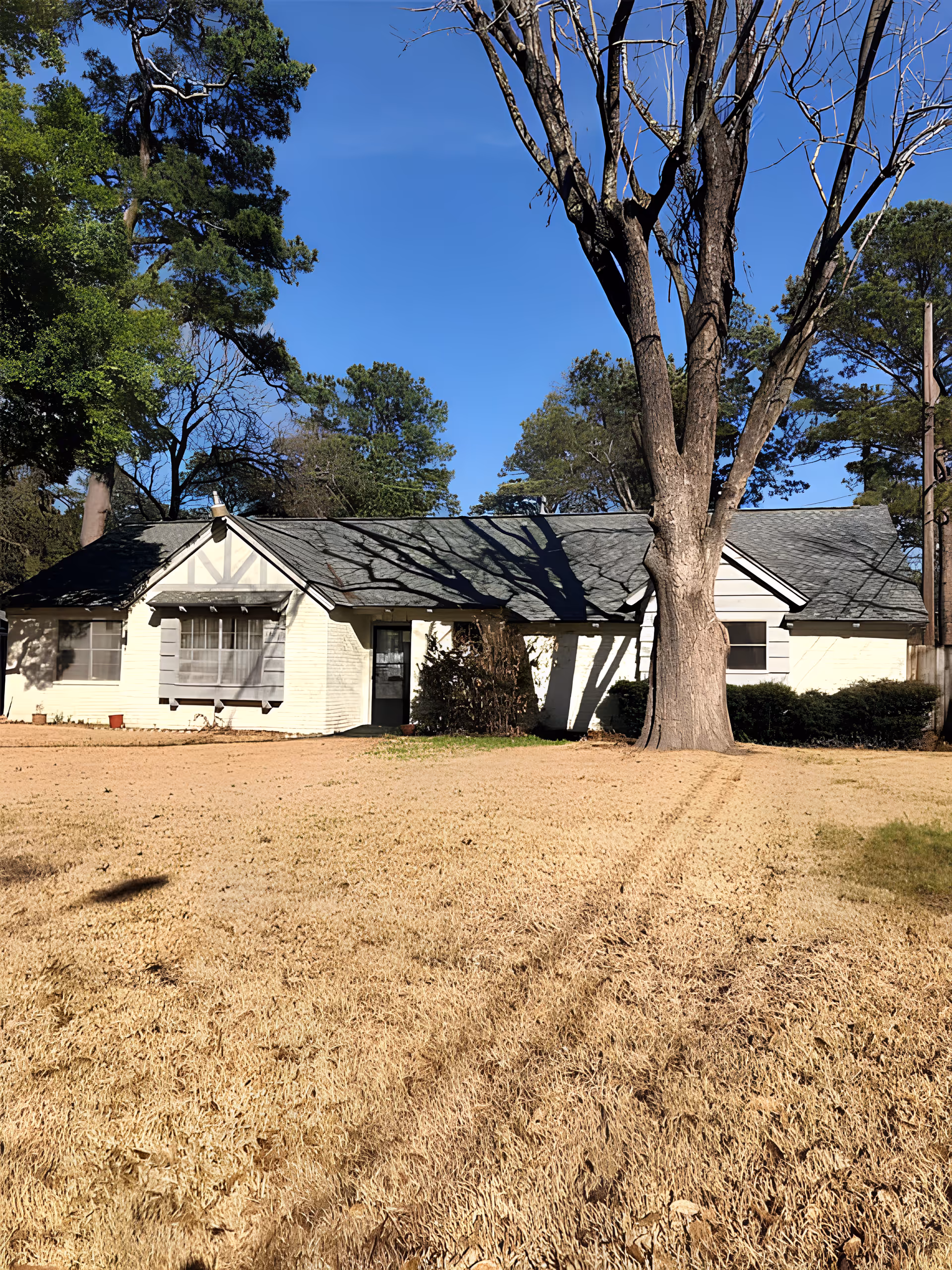 Single-story white brick building with a dark shingled roof, surrounded by trees and a large dry grassy yard in front under a clear blue sky.