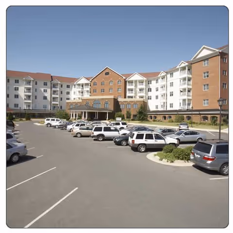 Exterior view of VMRC Virginia Mennonite Retirement Community building with a large parking lot.
