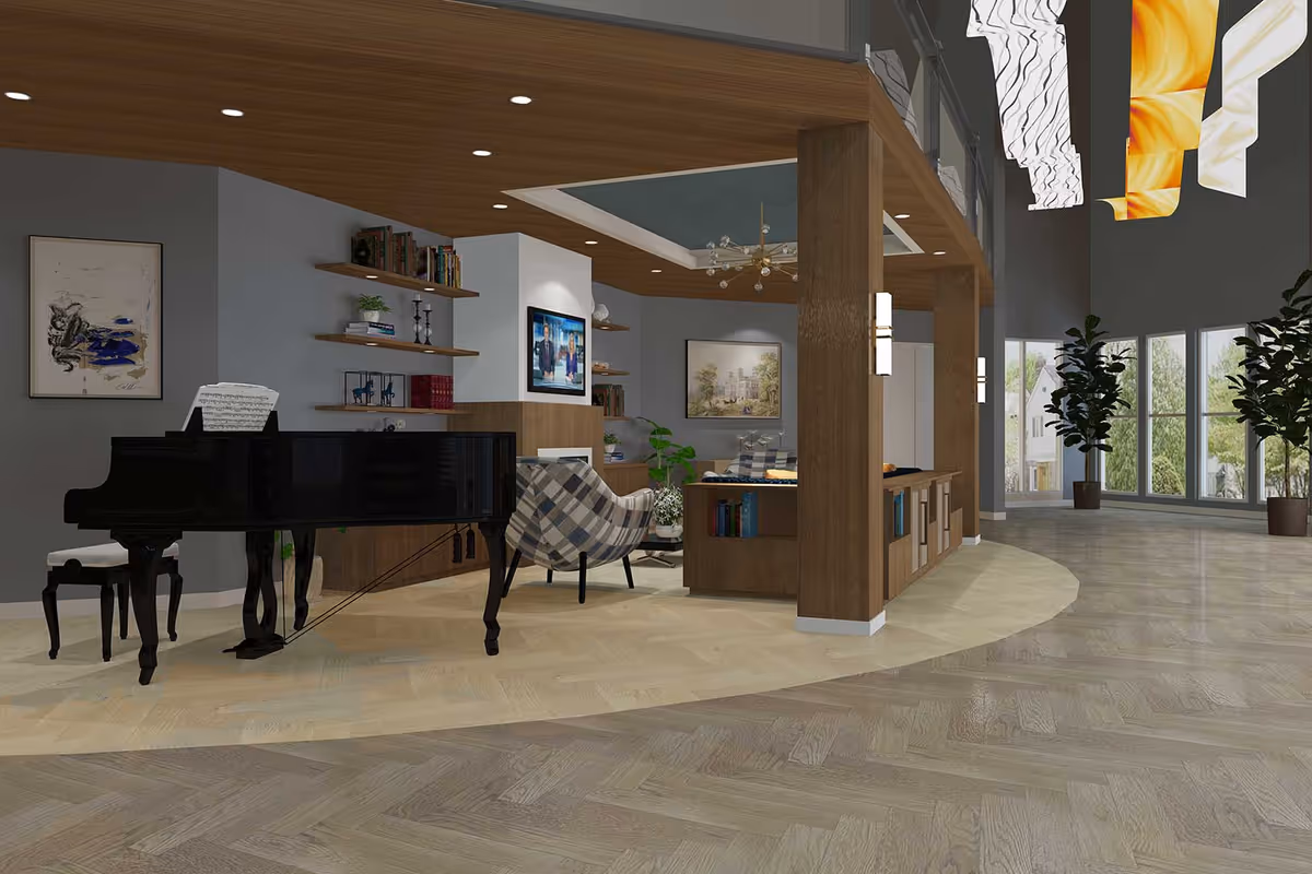 A spacious and modern common area with a black grand piano on the left, a cozy seating area with patterned armchairs, wooden shelves with books and decorative items, and large windows letting in natural light. The ceiling features wooden paneling and contemporary light fixtures, with plants placed near the windows.