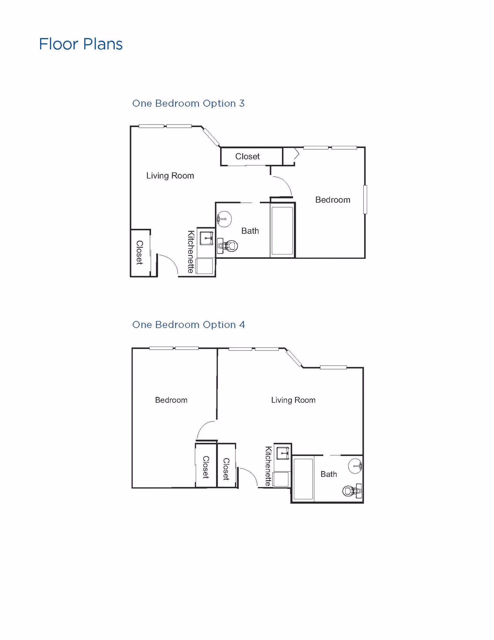 Floor plans for two one-bedroom apartment options at Brookdale Rose Valley Scappoose. Option 3 shows a layout with a living room, kitchenette, bath, bedroom, and two closets. Option 4 shows a layout with a bedroom, two closets, living room, kitchenette, and bath.