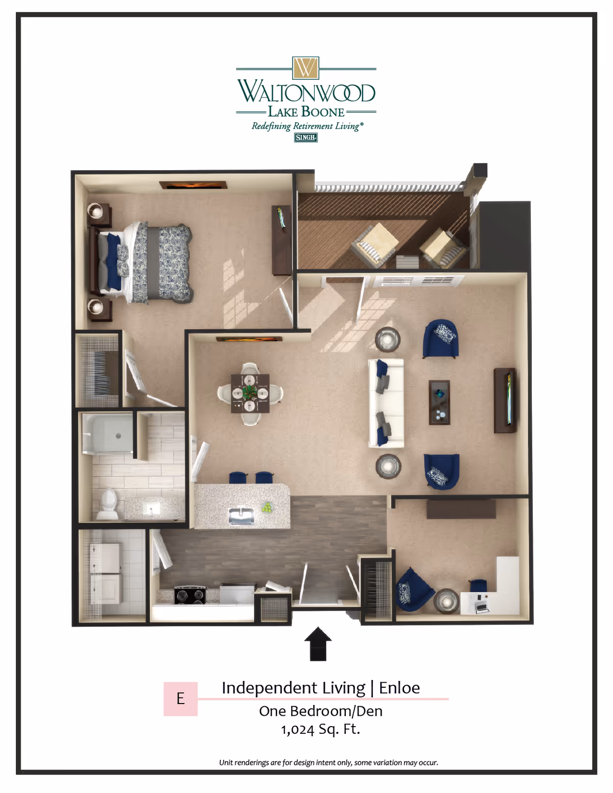 Floor plan of a one-bedroom plus den independent living apartment at Waltonwood Lake Boone. The layout includes a bedroom with a bed and nightstands, a bathroom with a shower and toilet, a kitchen with appliances and a breakfast bar with stools, a dining area with a table and chairs, a living room with a sofa, chairs, coffee table, and TV, a den with a desk and chair, and a balcony with outdoor seating.
