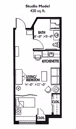 Floor plan of a studio model apartment measuring 420 square feet, showing a bath area, kitchenette, combined living and bedroom space, and two closets.