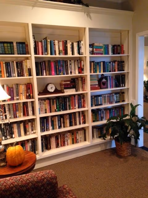 A cozy interior corner featuring built-in white bookshelves filled with various books. A small clock and decorative items are placed on the shelves. A potted plant sits on the floor to the right, and a small round wooden table with a pumpkin and a lamp is partially visible on the left. The carpeted floor and part of a patterned armchair are also visible.
