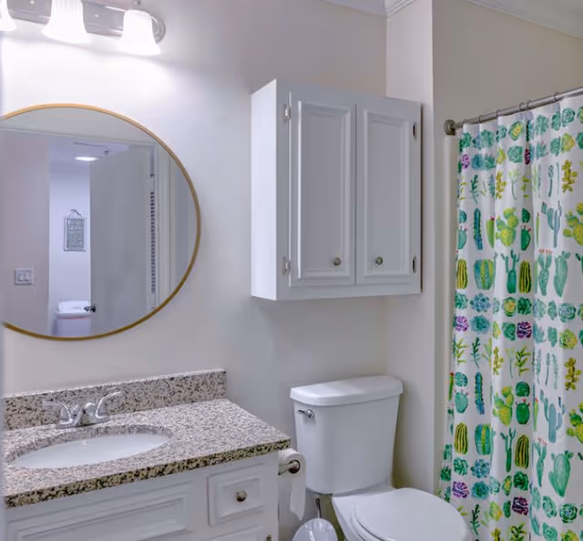 A clean bathroom featuring a granite countertop with a sink, a round mirror with a gold frame, a white cabinet mounted on the wall, a toilet, and a colorful shower curtain with a cactus pattern.