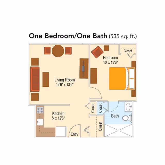 Colored floor plan diagram of a one-bedroom, one-bath (535 sq. ft.) apartment showing a living room, kitchen, bedroom, bathroom and multiple closets with room dimensions.