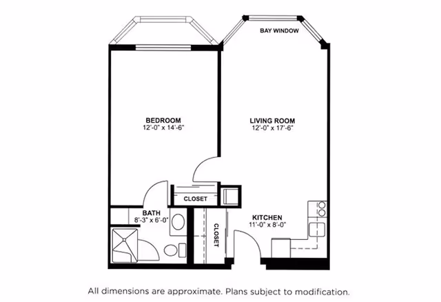 Black-and-white floor plan of a one-bedroom apartment showing a bedroom, living room with a bay window, kitchen, bathroom, and closets with dimensions.
