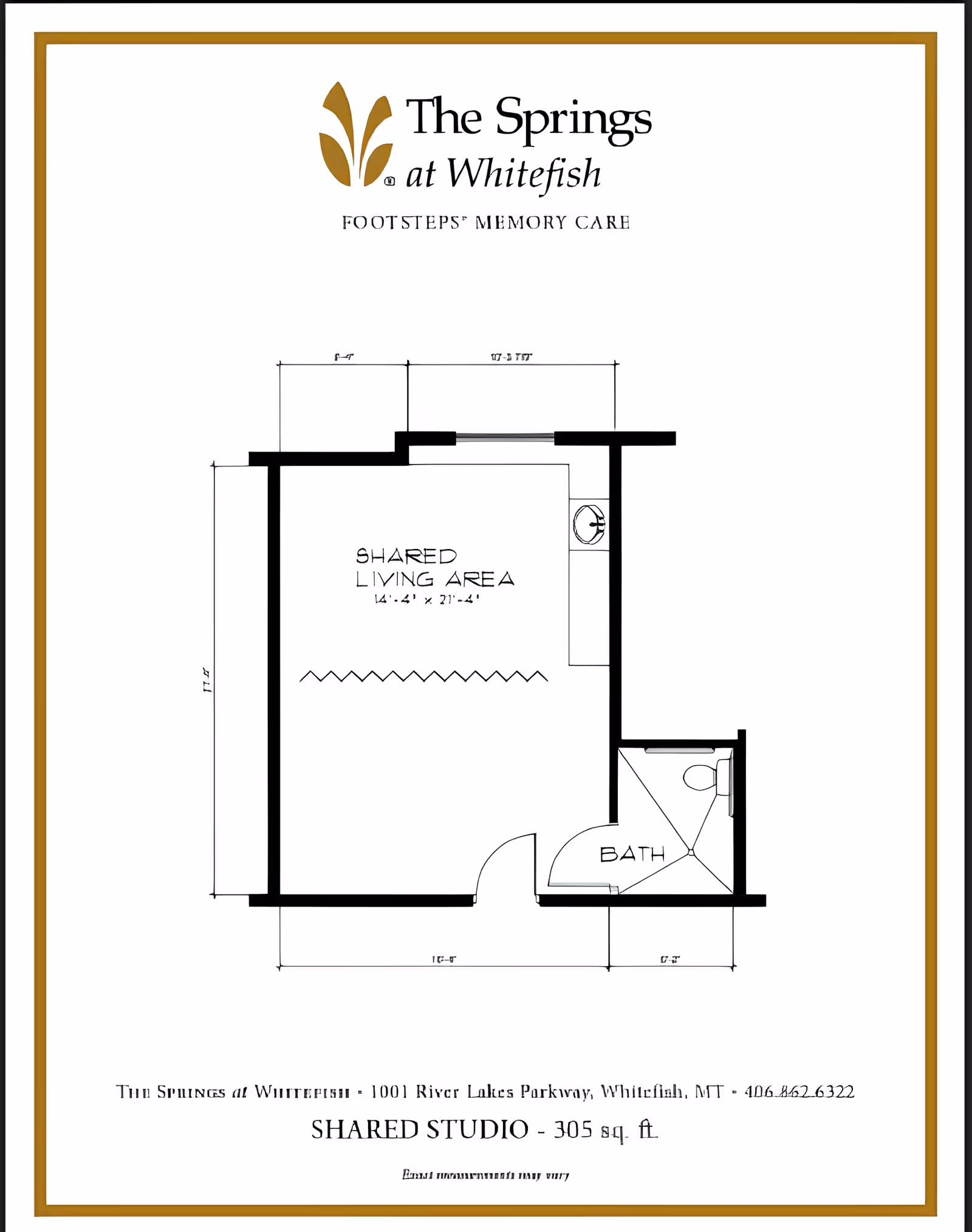 Black-and-white floor plan for The Springs at Whitefish showing a shared studio with a labeled shared living area and a bath.