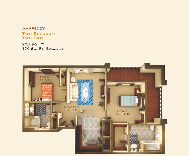 Floor plan of a two-bedroom, two-bath apartment named Rhapsody with 965 square feet of living space and a 166 square feet balcony. The layout includes a living room, kitchen, two bedrooms, and two bathrooms.