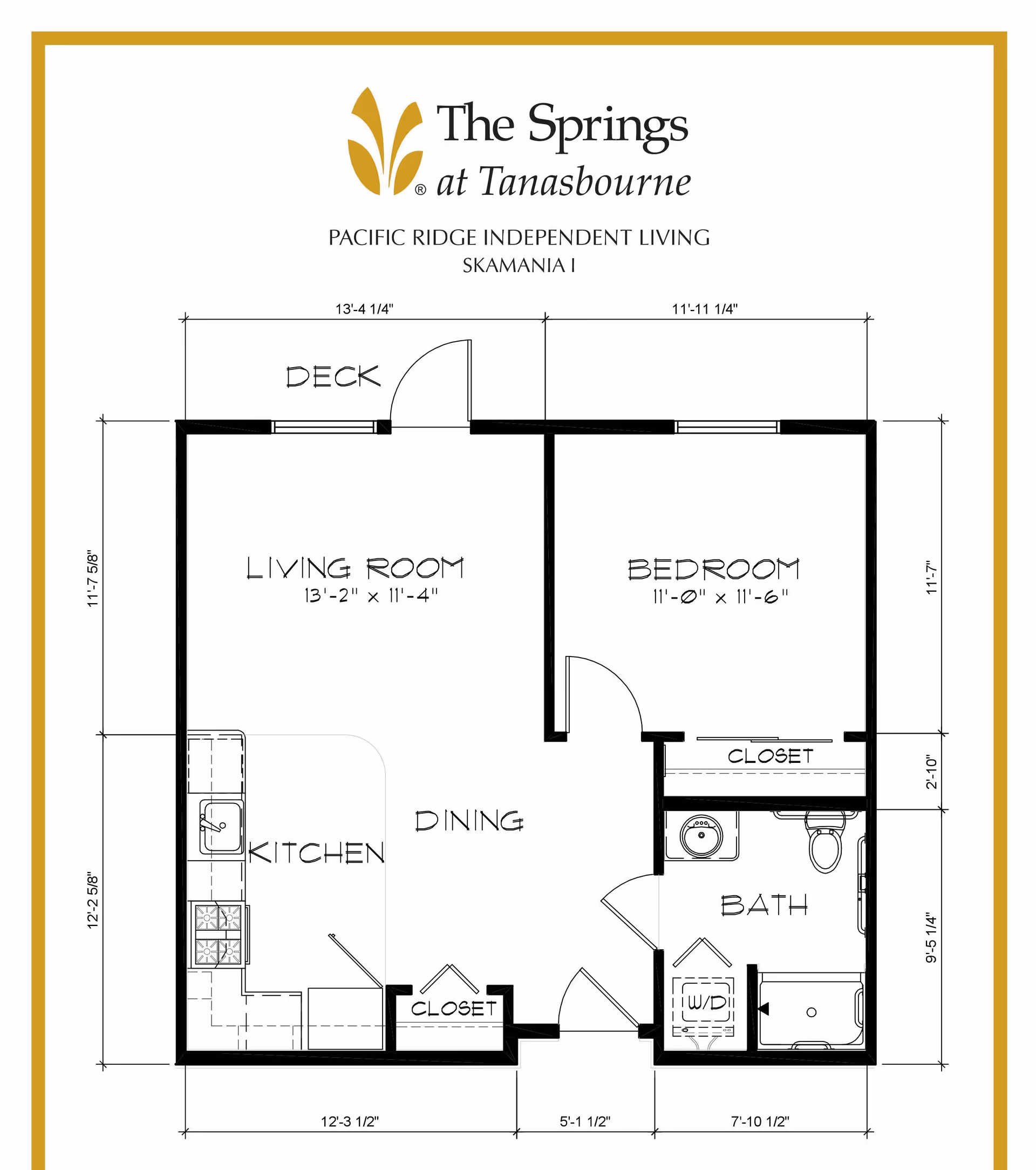 Floor plan layout of a one-bedroom independent living unit at The Springs at Tanasbourne, showing a living room with a deck, kitchen, dining area, bedroom with closet, bathroom with washer/dryer, and additional closet space.