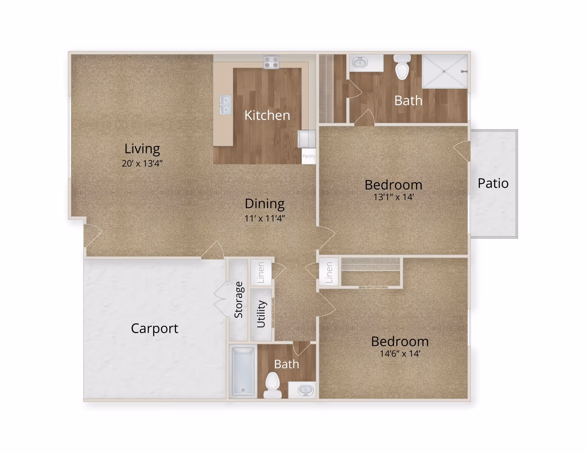 Floor plan of a senior living unit at Arabella of Kilgore Senior Living showing two bedrooms, two bathrooms, a kitchen, dining area, living room, carport, storage, utility, linen closets, and a patio.