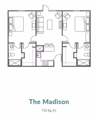 Floor plan of The Madison apartment layout showing two bedrooms, two bathrooms, a living room, and a kitchen area. The total area is 735 square feet.