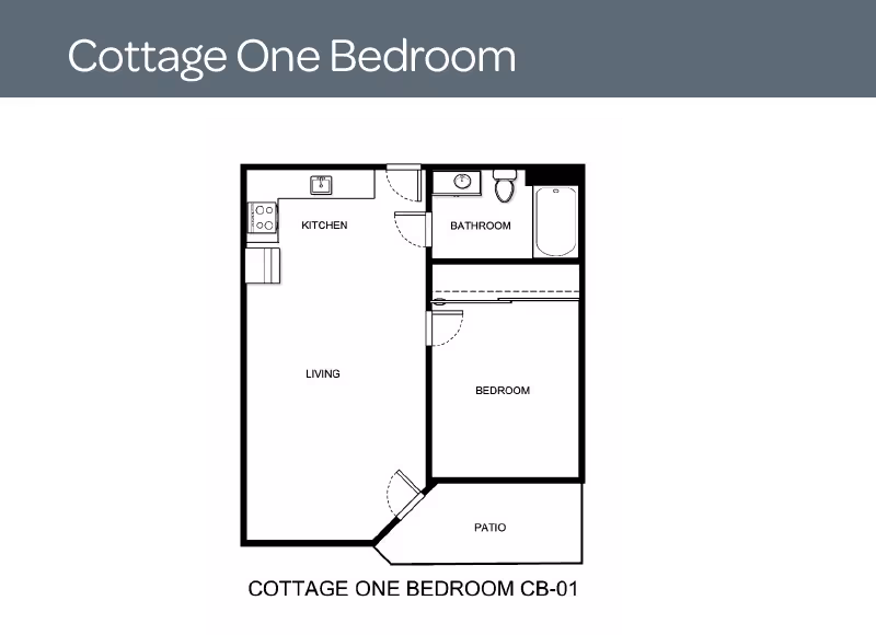 Floor plan of a cottage one bedroom unit showing a kitchen, living area, bathroom, bedroom, and patio.