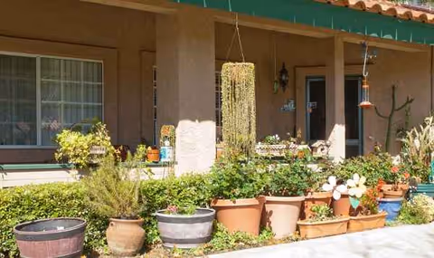 Exterior view of Huntington Terrace entrance with numerous potted plants along the front porch