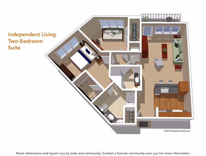 3D floor plan of an independent living two-bedroom suite showing a layout with two bedrooms, two bathrooms, a living room with sofa and chair, a kitchen with an island and sink, and closets. The suite includes windows and a balcony area.