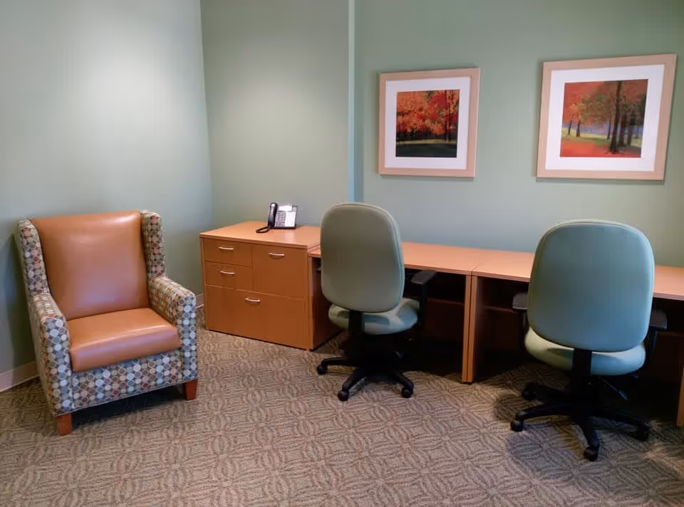 A small office or workspace with a patterned armchair on the left, a wooden filing cabinet with a phone on top, and two green office chairs in front of a long wooden desk. The walls are painted light green and decorated with two framed pictures of autumn trees.