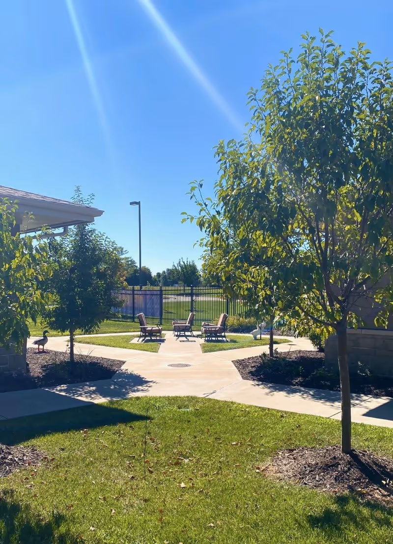Outdoor seating area with four chairs arranged around a small table on a paved circular patio, surrounded by green grass and trees under a clear blue sky.