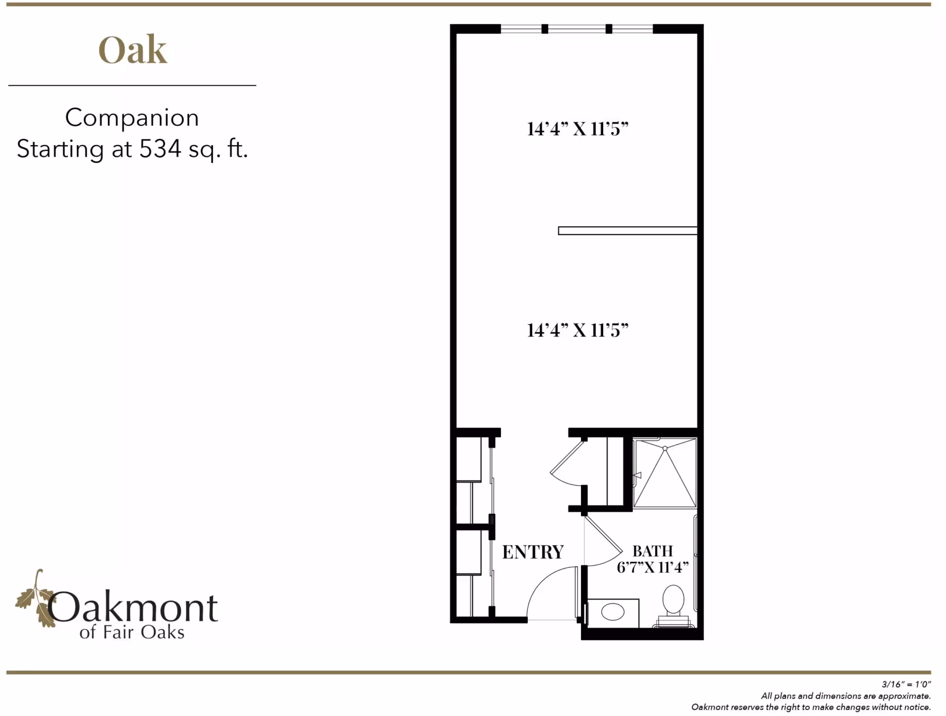 Floor plan titled 'Oak' showing a companion apartment layout with an entry, bath, and two 14'4" x 11'5" rooms.