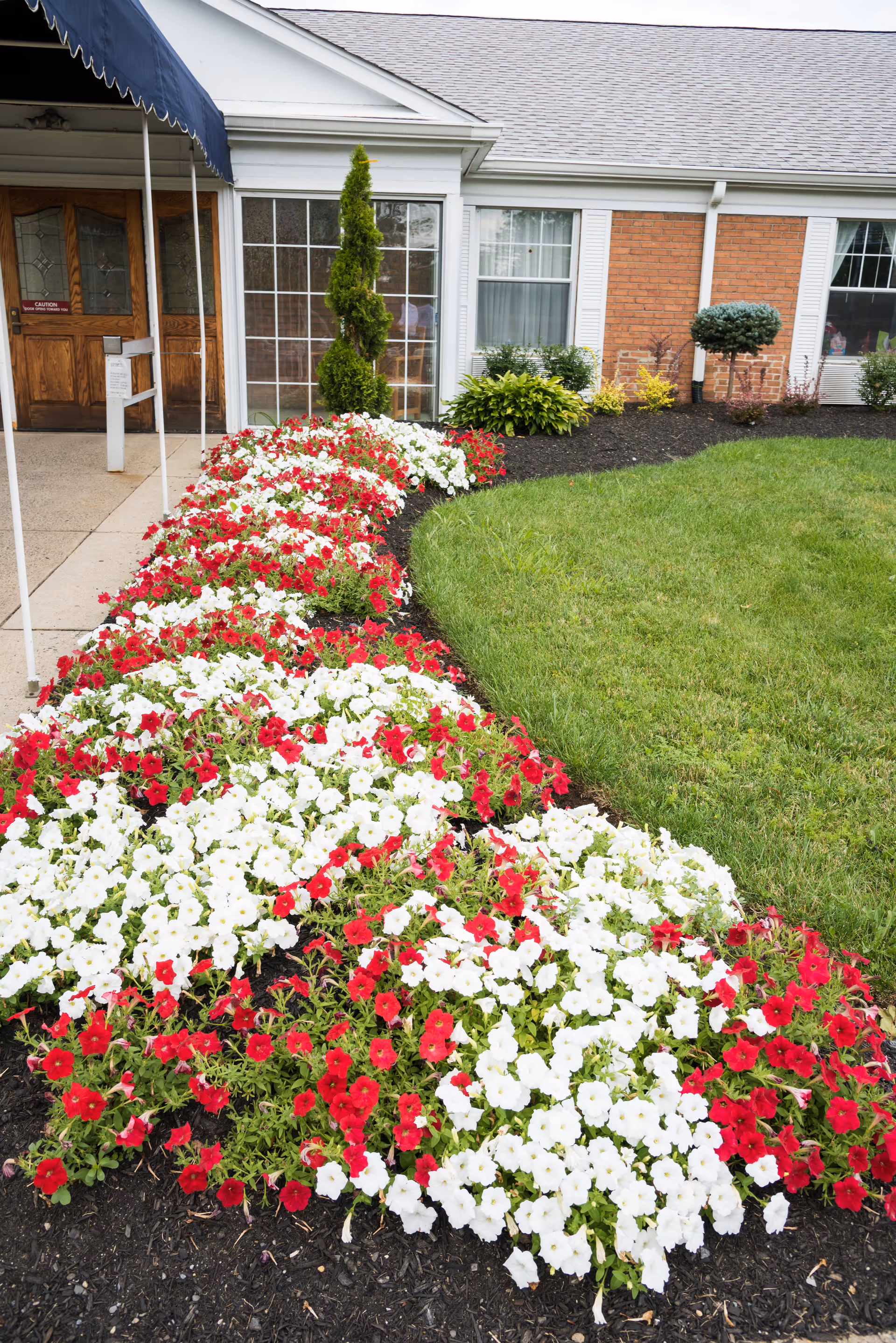Entrance of a building with a blue awning over the doorway, surrounded by a garden bed filled with red and white flowers and a well-maintained green lawn. The building has brick walls and large windows with white trim.
