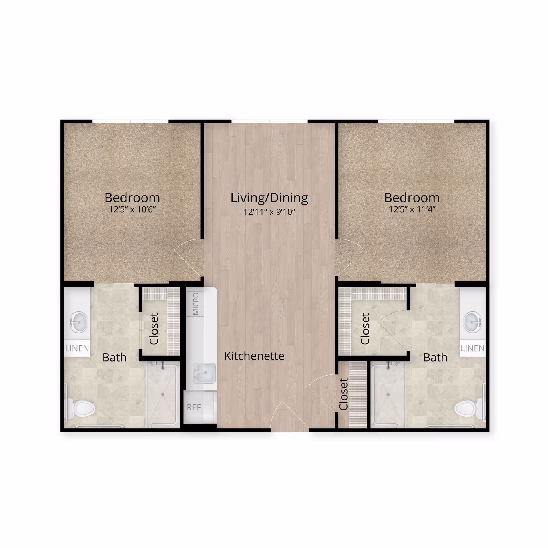 Floor plan of a two-bedroom apartment featuring two bedrooms on either side, each with a closet and a bathroom adjacent. The center area includes a living/dining space and a kitchenette with a refrigerator and microwave.