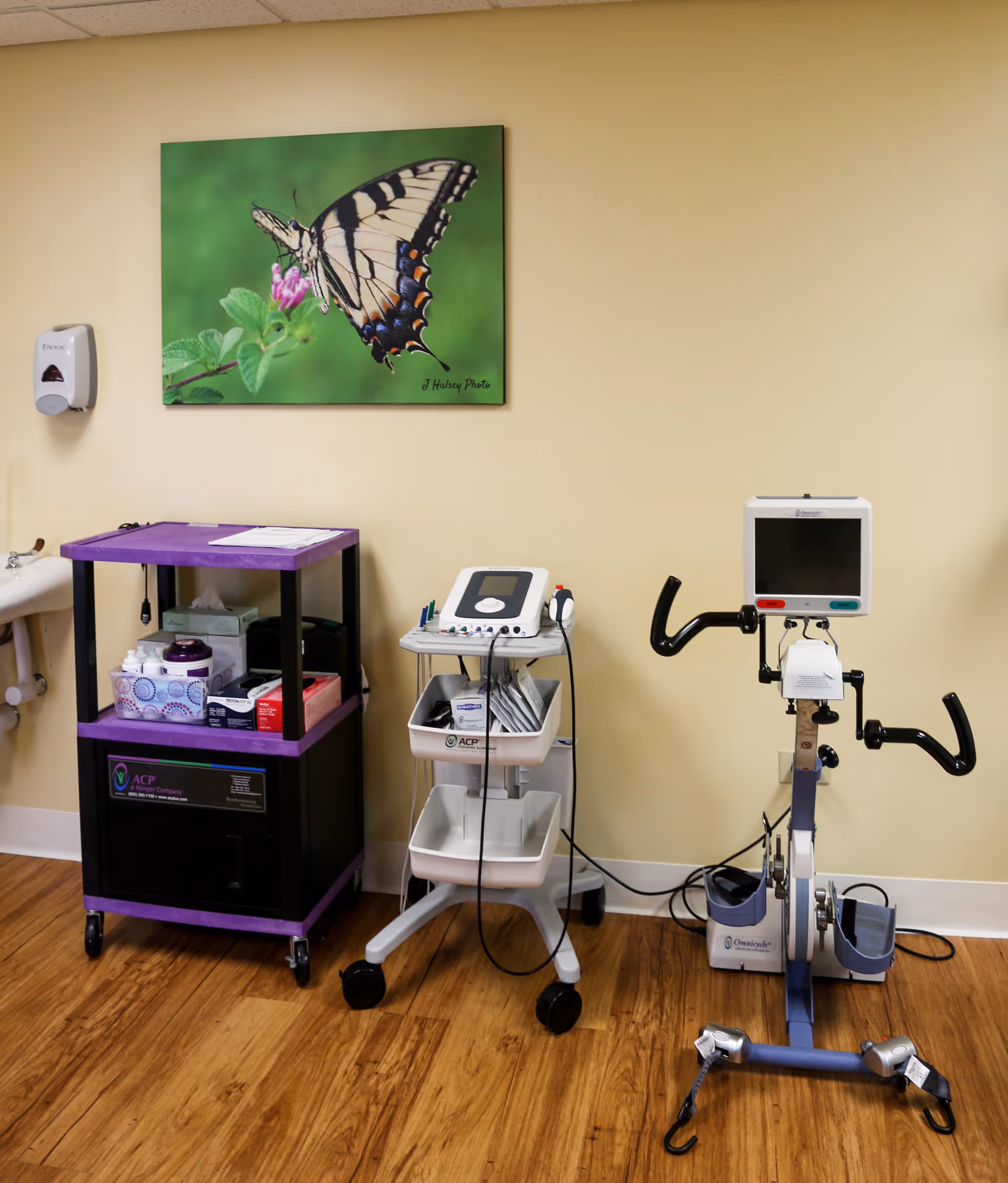 A medical examination room with a stationary exercise bike equipped with a monitor, a medical cart with various supplies, and a wall-mounted hand sanitizer dispenser. A large photo of a butterfly on a green background is hung on the beige wall above the cart.