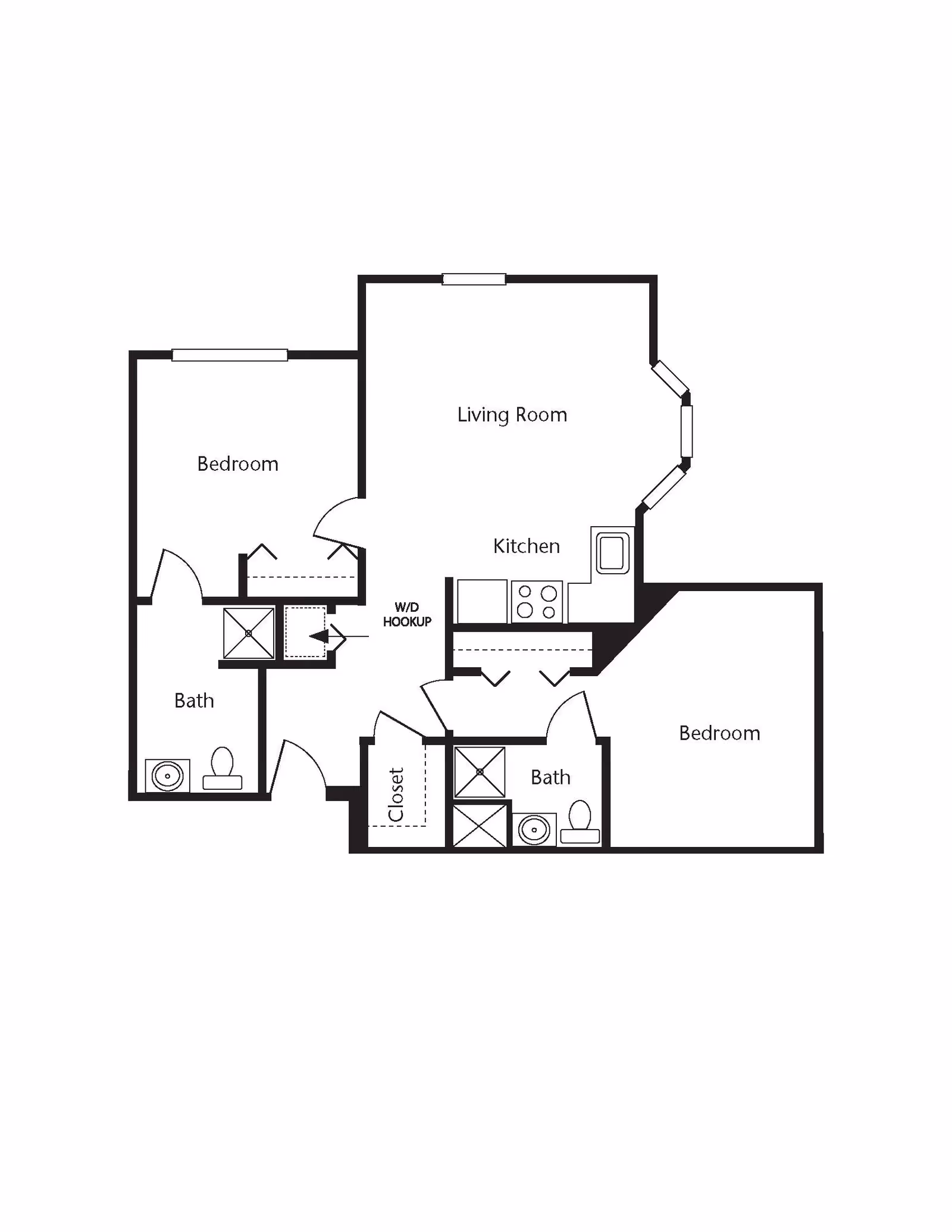 Floor plan layout of a two-bedroom apartment with two bathrooms, a living room, kitchen, closet, and washer/dryer hookup.