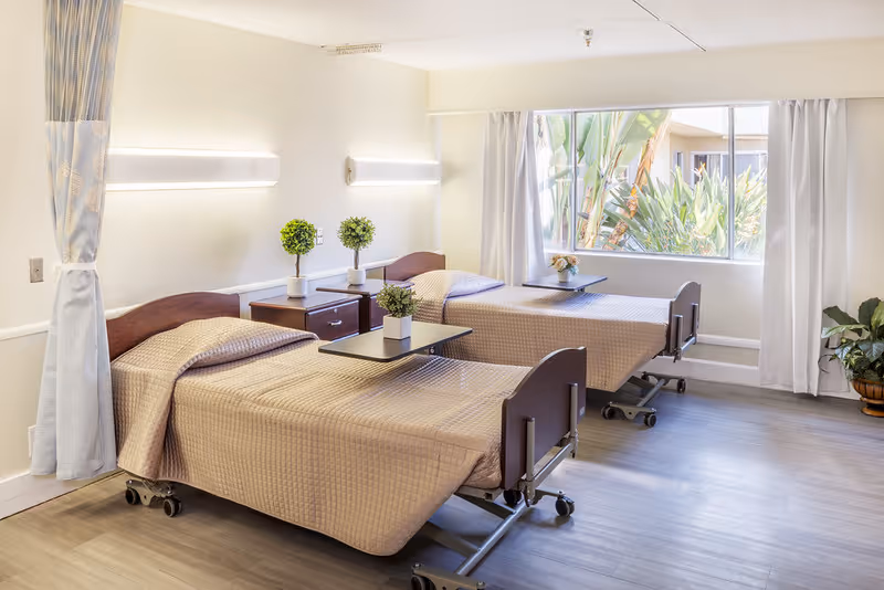 A bright and clean room with two hospital-style beds, each with beige bedspreads and small tables on wheels. There are two small potted plants on a nightstand between the beds and a large window with white curtains letting in natural light. The floor is light-colored wood, and there is a potted plant in the corner near the window.