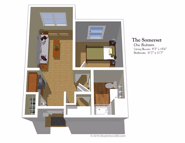 3D floor plan of a one-bedroom apartment named The Somerset, showing a living room with a sofa, coffee table, and TV, a bedroom with a bed and nightstands, a bathroom with a toilet, sink, and shower, and a small kitchen area. Dimensions for the living room and bedroom are provided.
