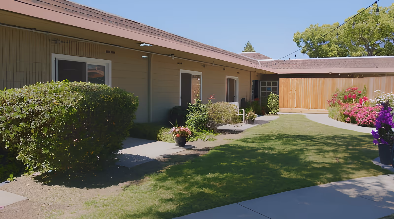 Outdoor courtyard area with a lawn, bushes, potted flowers, and a building with several doors and windows under a clear blue sky.
