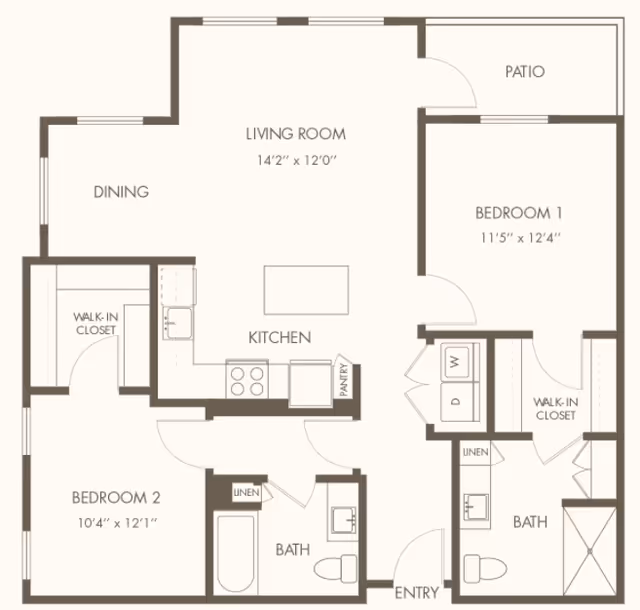 Floor plan of a two-bedroom, two-bath apartment showing a living room, kitchen with island and pantry, dining area, patio, entry, and walk-in closets.