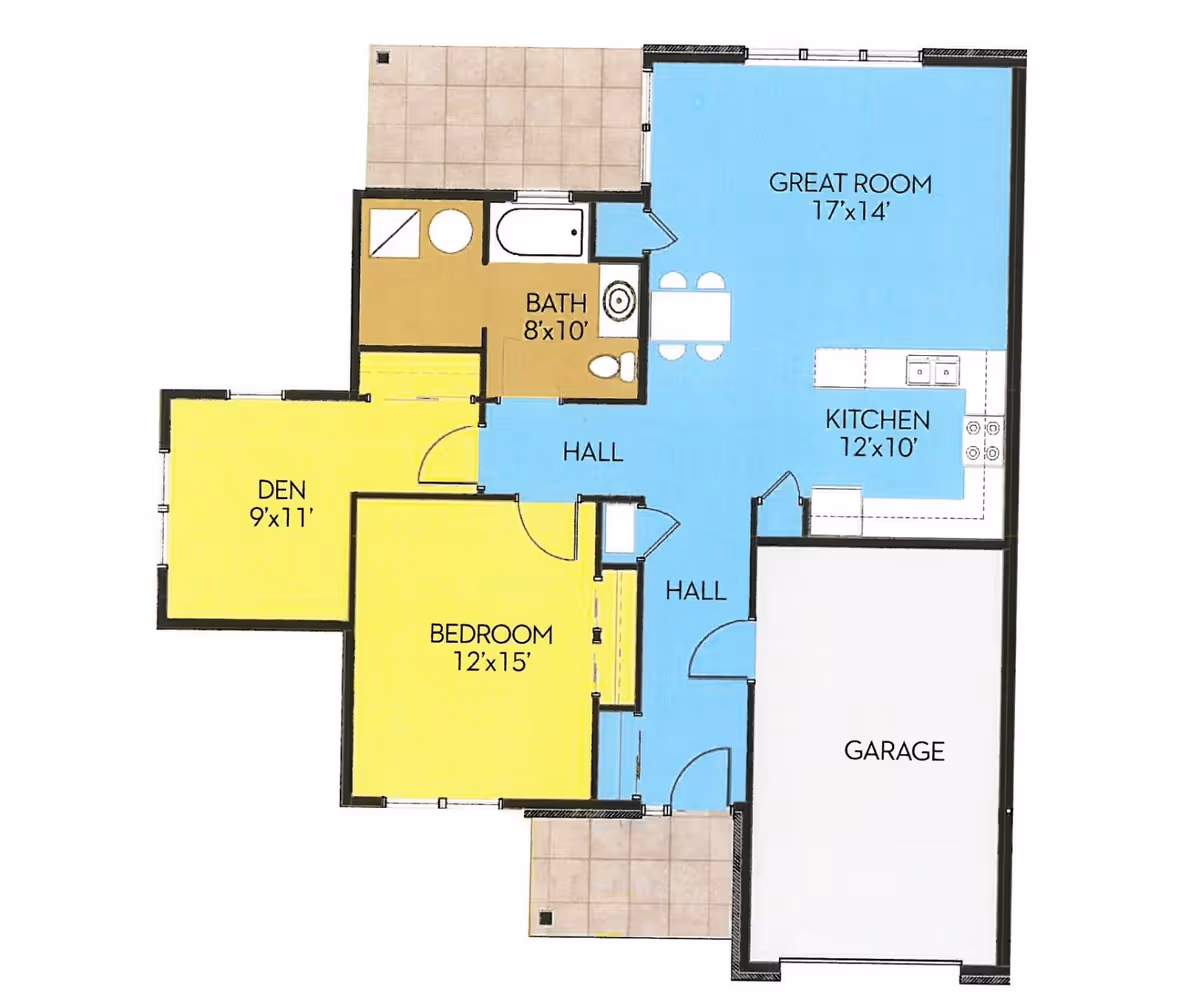 Floor plan of a residence showing a den, bedroom, bathroom, two halls, a great room, kitchen, and garage. The den measures 9 by 11 feet, the bedroom 12 by 15 feet, the bathroom 8 by 10 feet, the great room 17 by 14 feet, and the kitchen 12 by 10 feet. The garage is adjacent to the kitchen and great room. There are two tiled porch areas outside the den and the entrance.