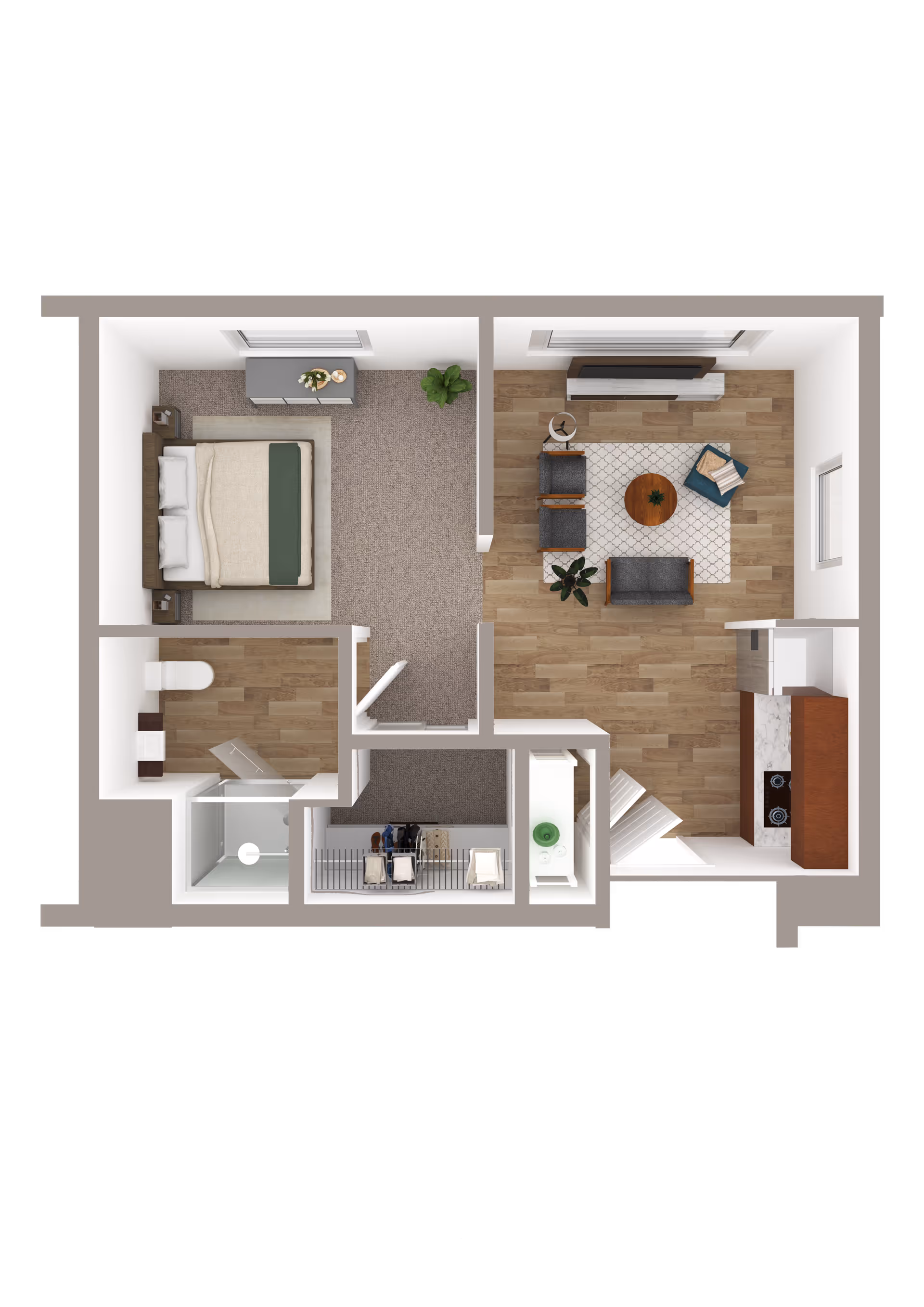 Top-down floor plan of a one-bedroom apartment featuring a bedroom with a bed and dresser, a bathroom with a shower and toilet, a living room with seating and a coffee table, and a kitchen area with cabinets and appliances.