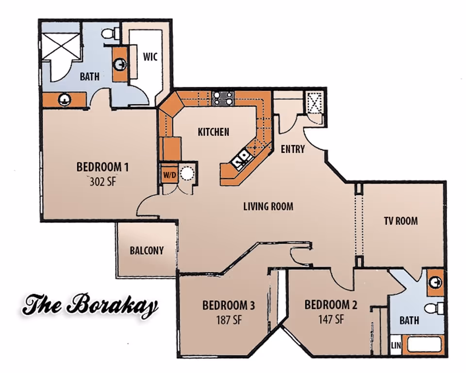 Floor plan of The Borakay apartment at Plaza Village Senior Living showing three bedrooms, two bathrooms, a kitchen, living room, TV room, balcony, entry, walk-in closet, and washer/dryer area.