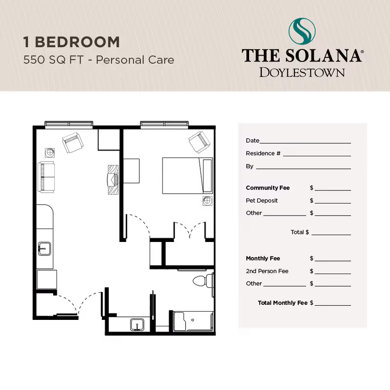 Floor plan layout of a 1 bedroom, 550 square feet personal care unit at The Solana Doylestown, showing room dimensions and a fee schedule for community, pet deposit, monthly fees, and other charges.