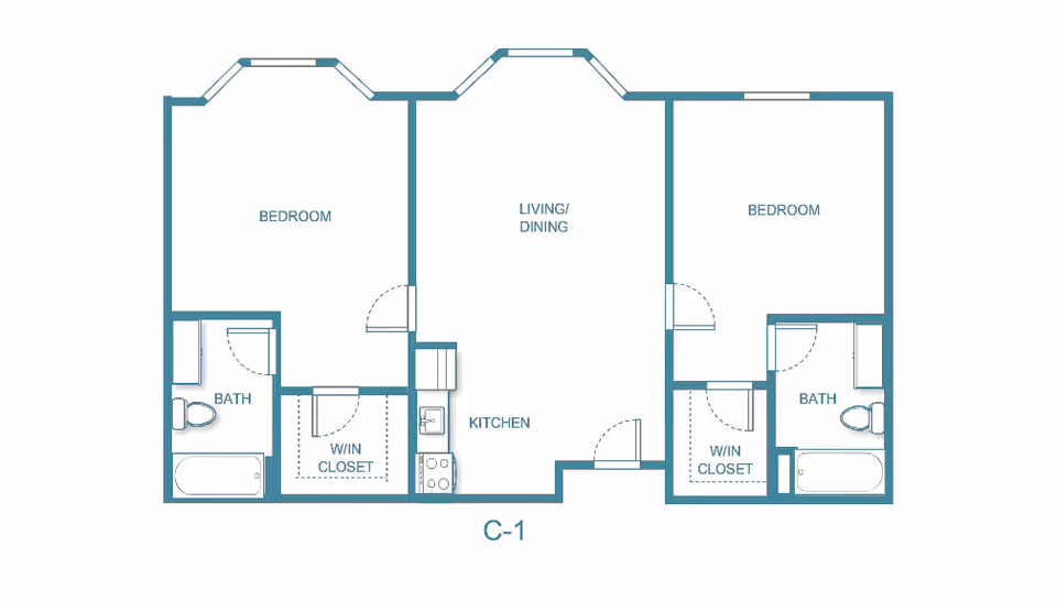 Floor plan layout of a two-bedroom apartment with two bathrooms, two walk-in closets, a kitchen, and a combined living and dining area labeled C-1.
