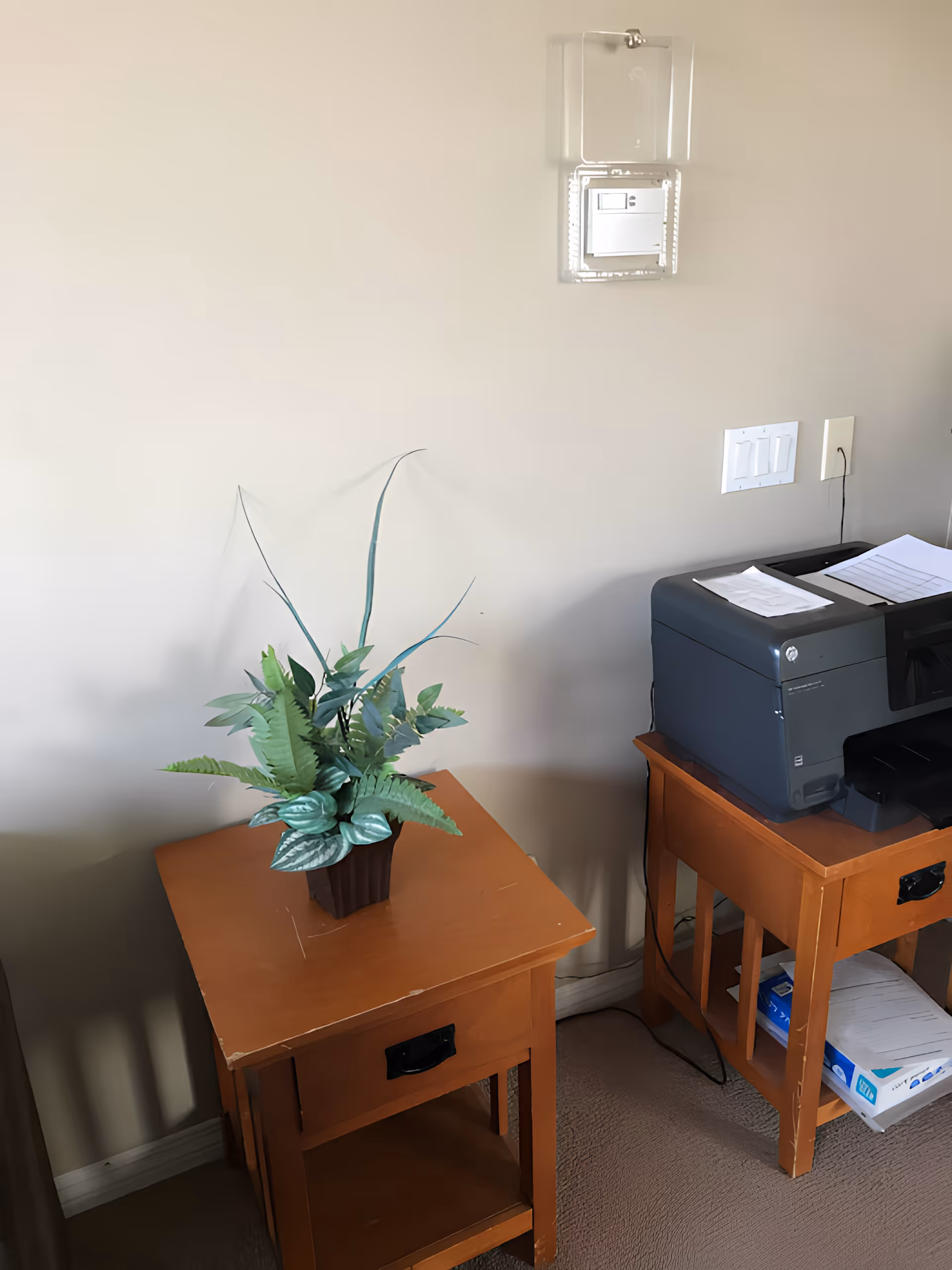 Small interior corner with two wooden side tables, a potted plant, and a printer against a beige wall.