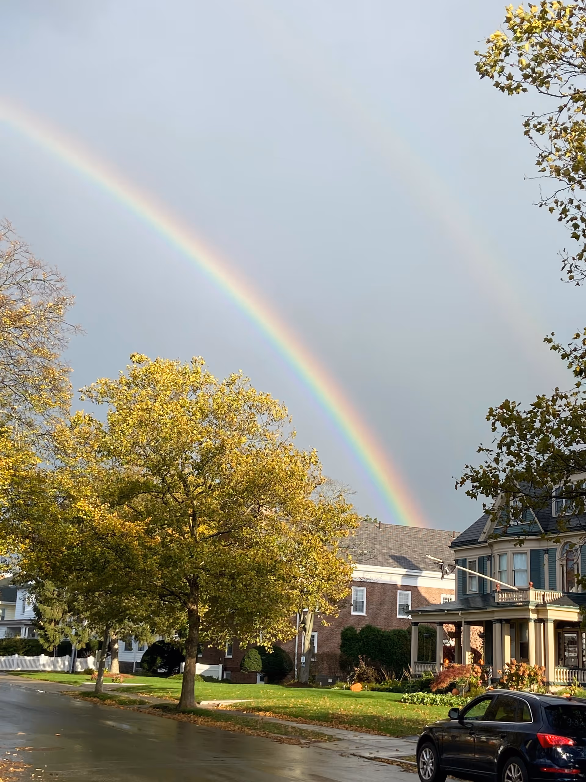 A residential street scene with a large tree with yellow leaves in the foreground, a black car parked on the street, and a double rainbow visible in the cloudy sky above. There are houses with porches and well-maintained lawns in the background.