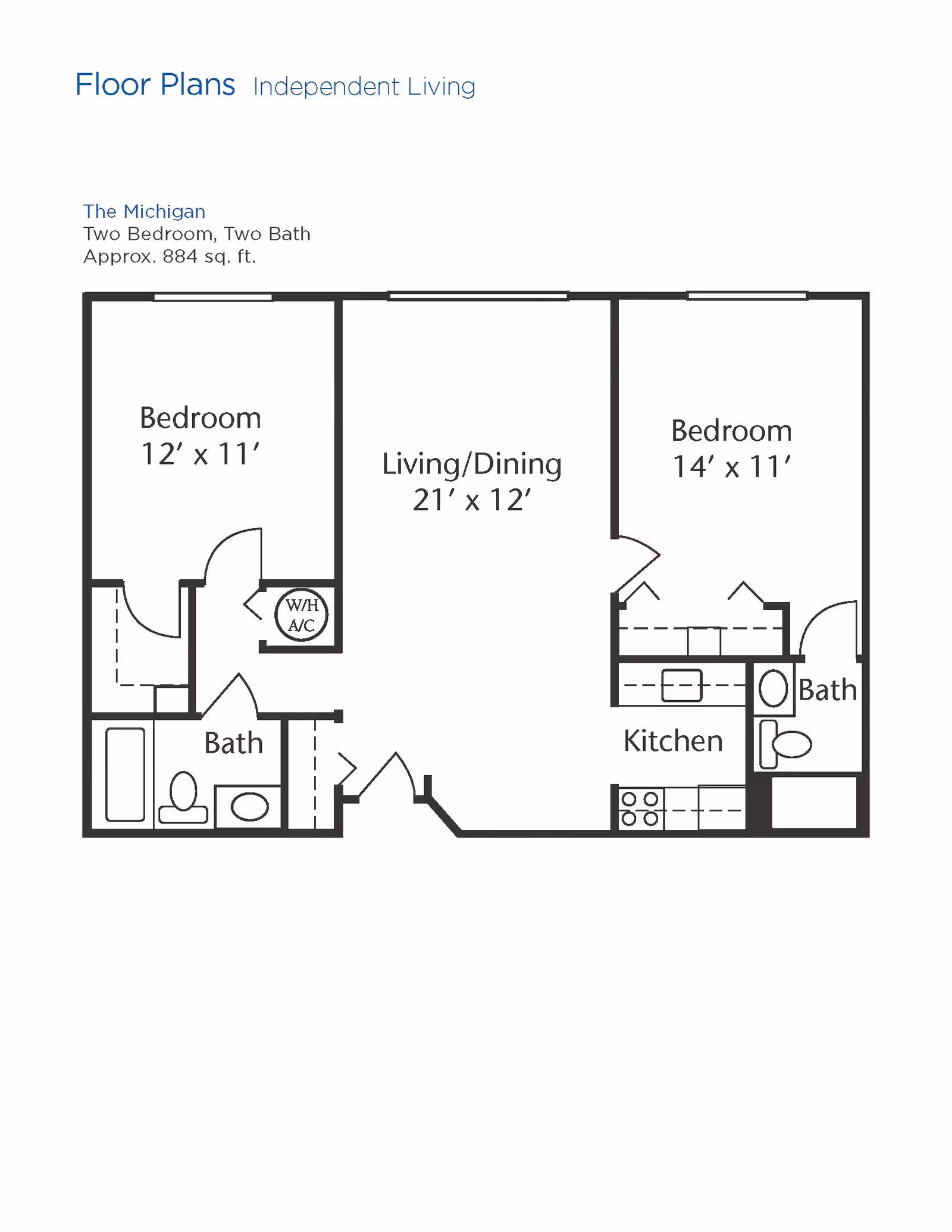 Floor plan for an independent living unit named The Michigan, featuring two bedrooms and two bathrooms. The layout includes a 12 by 11 feet bedroom on the left, a 14 by 11 feet bedroom on the right, a central living/dining area measuring 21 by 12 feet, a kitchen adjacent to the right bedroom, and two bathrooms located near each bedroom. There is also a washer/air conditioning closet near the left bedroom.