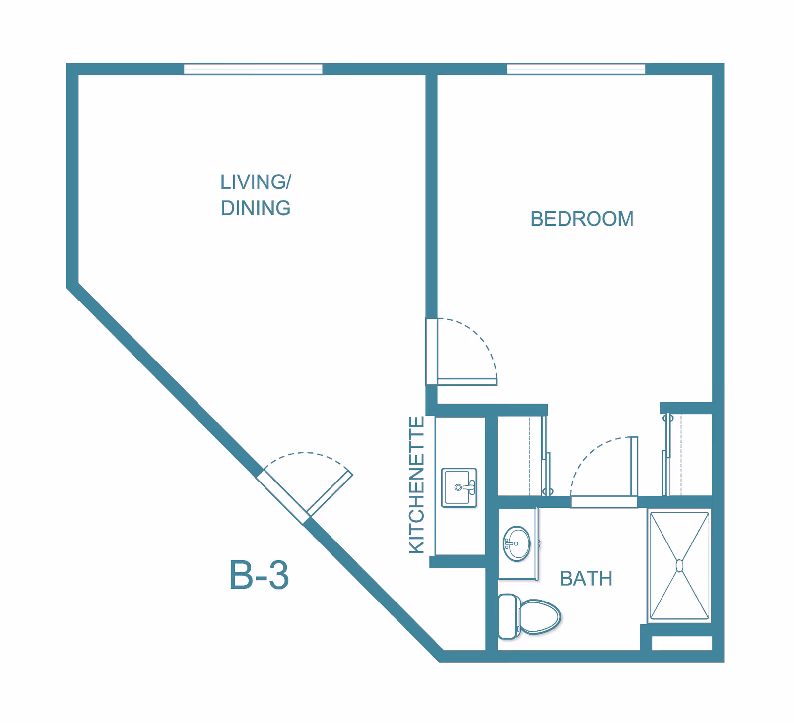 Floor plan layout of a senior living unit labeled B-3, showing a living/dining area, a bedroom, a kitchenette, and a bathroom with a toilet, sink, and shower.