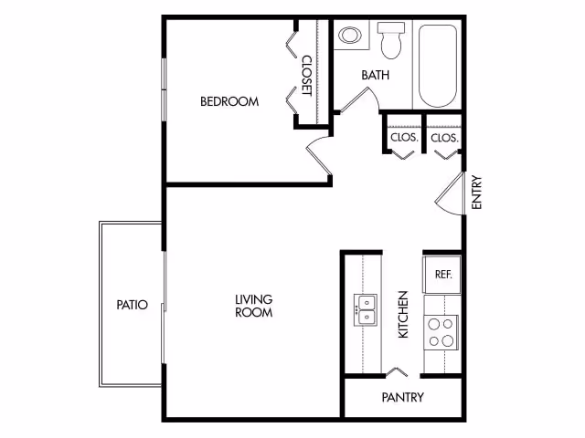 Floor plan of a one-bedroom apartment at Pine Knoll showing a bedroom with closet, bathroom with toilet and bathtub, kitchen with pantry and refrigerator, living room, entry area with two closets, and a patio.