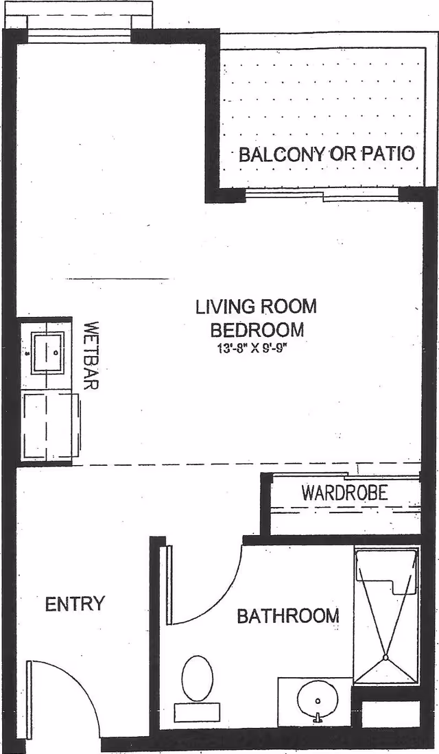 Architectural floor plan of a senior assisted living unit at Glen Terra Senior Assisted Living, showing an entry area, a combined living room and bedroom space measuring 13 feet 8 inches by 9 feet 9 inches, a wet bar, a balcony or patio, a bathroom with a toilet, sink, and shower, and a wardrobe.
