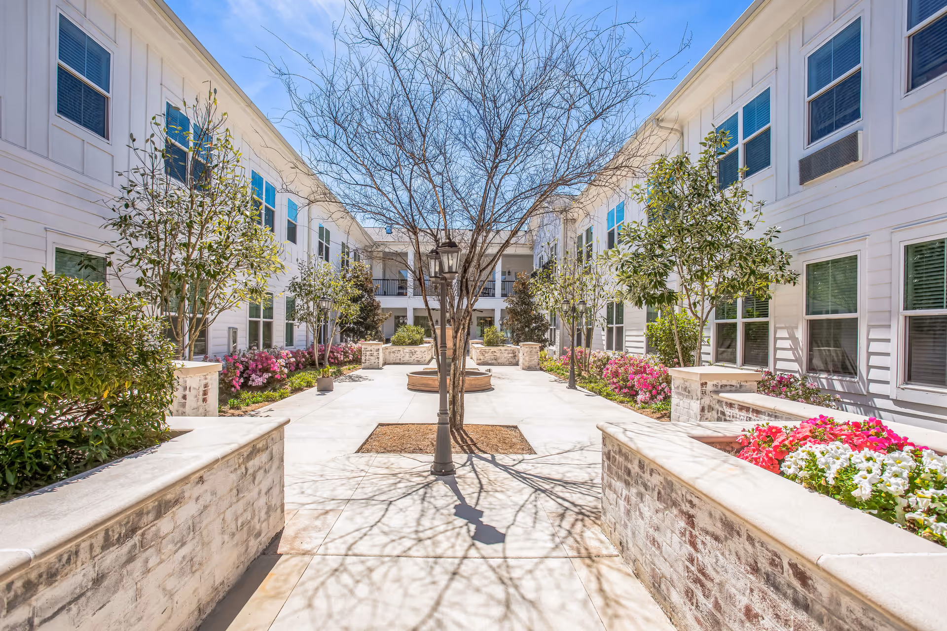 Outdoor courtyard area at The Blake at Colonial Club with white two-story buildings on either side, a leafless tree in the center, flower beds with pink and white flowers, and a clear blue sky above.
