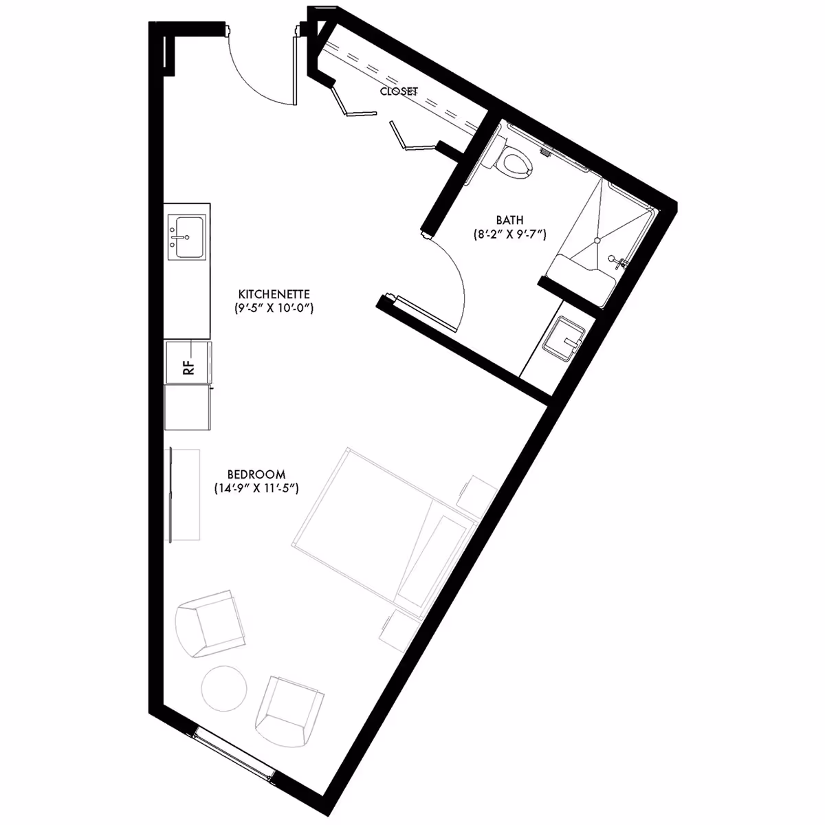 Black-and-white floor plan of a small studio apartment showing a bedroom area with bed and chairs, a kitchenette, a closet, and a bathroom with shower and toilet.