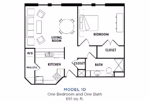 Floor plan labeled Model 1D showing a one-bedroom, one-bath apartment with 651 square feet. The layout includes a kitchen with pantry and utility area, a living room with seating and a round table, a bedroom with a closet, and a bathroom with a bathtub and toilet.