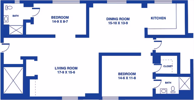 Architectural floor plan of a residential unit at Topeka Presbyterian Manor showing two bedrooms, two bathrooms, a living room, a dining room, a kitchen, and a closet.