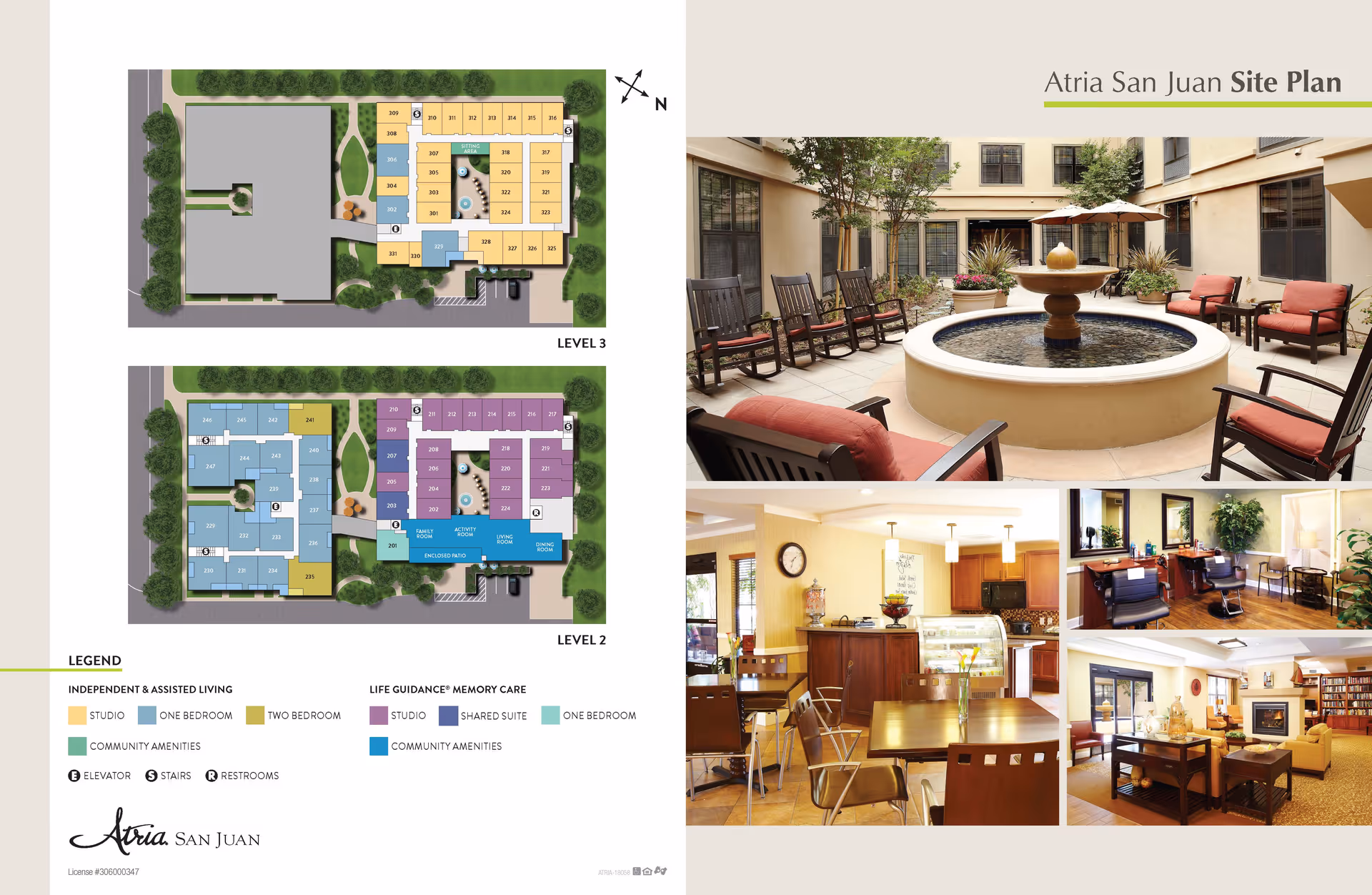 Atria San Juan site plan showing floor layouts for Level 2 and Level 3 with color-coded areas for independent & assisted living and life guidance memory care. The right side features images of an outdoor courtyard with seating and a fountain, a dining area with tables and chairs, a salon or barber area, and a cozy living room with bookshelves and seating.