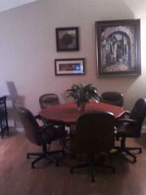 Round dining table surrounded by chairs with a potted plant in a softly lit room.