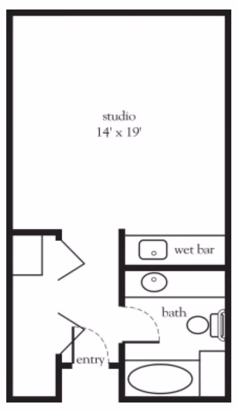 Floor plan of a studio apartment measuring 14 feet by 19 feet, featuring an entry area, a wet bar, and a bathroom with a sink, toilet, and bathtub.